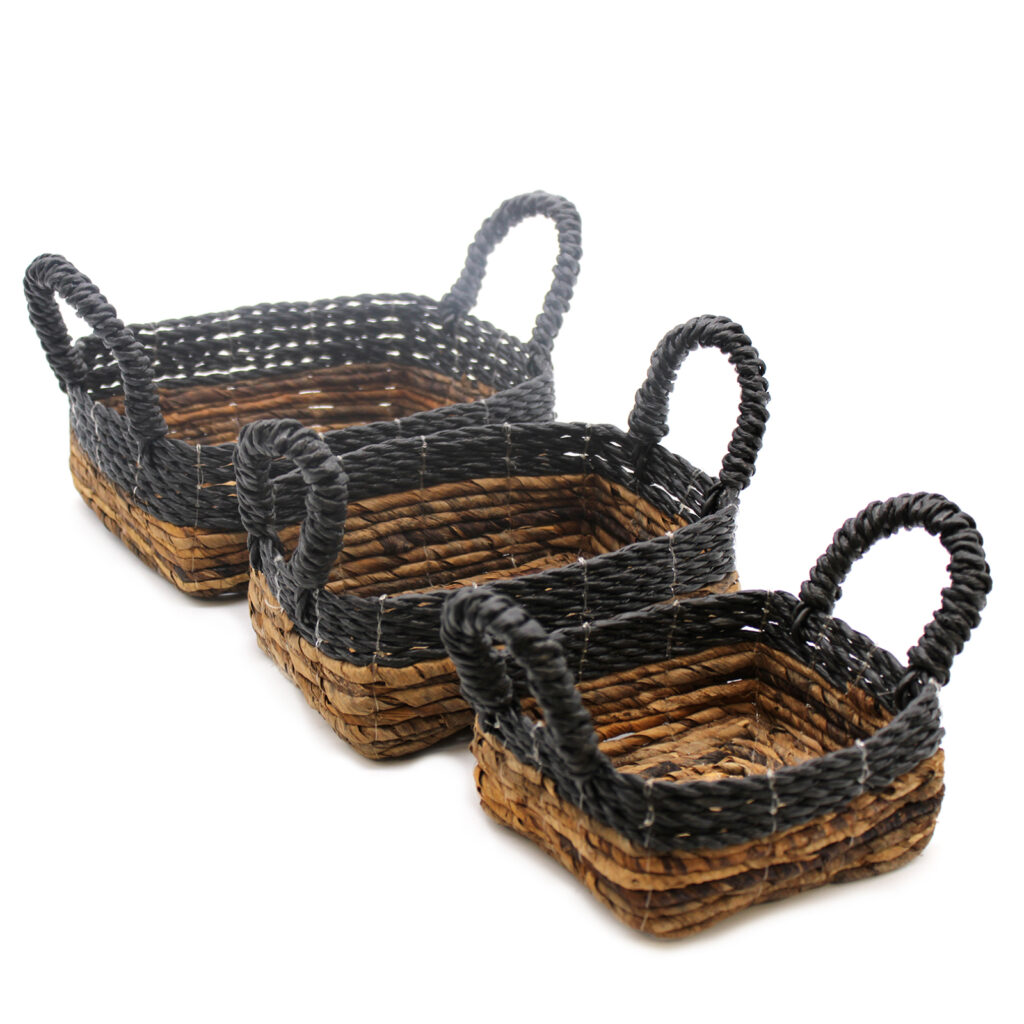 anana Leaf & Hitam Raffia Square Basket - Set of 3