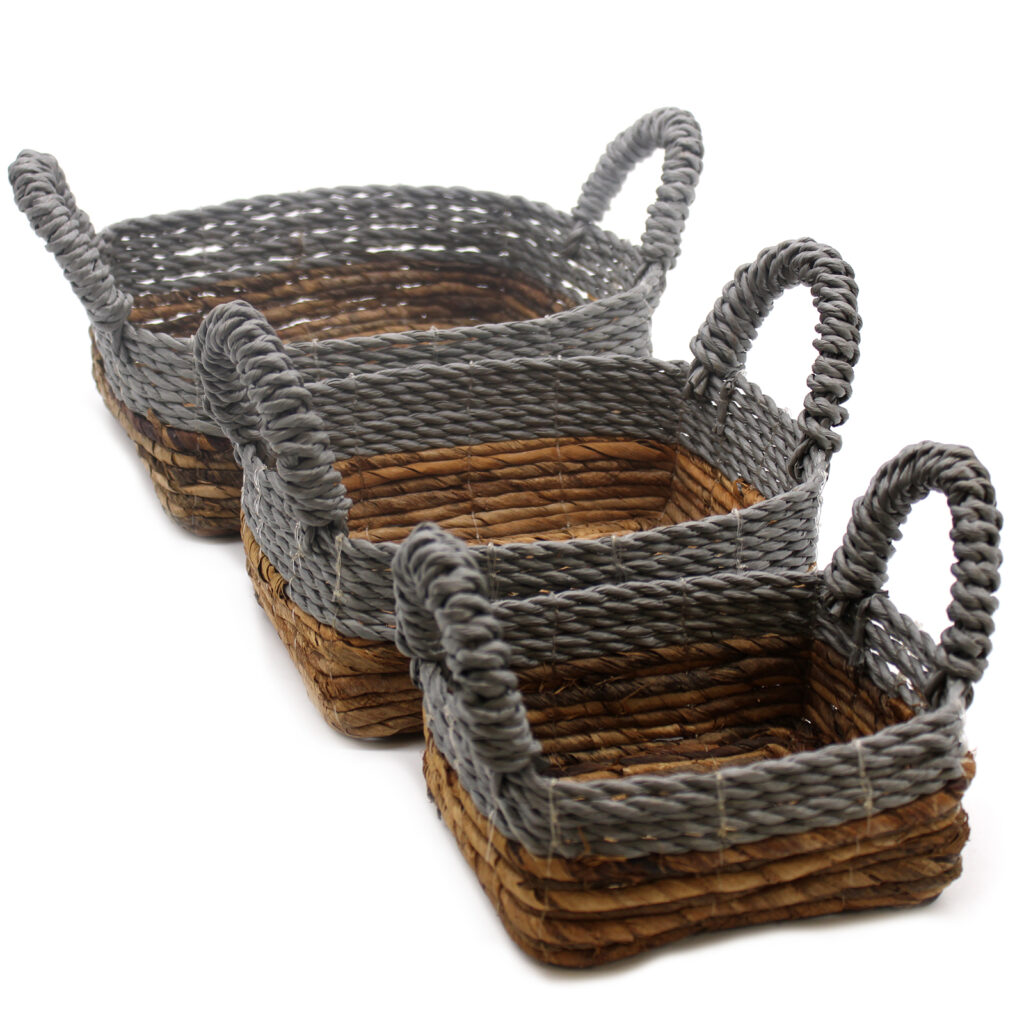 Banana Leaf & Abu-Abu Raffia Square Basket - Set of 3