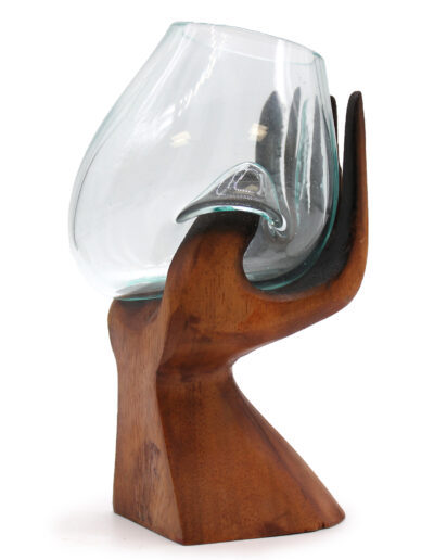 Carved Hand with Molten Glass Bowl
