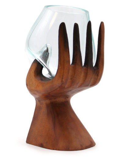 Carved Hand with Molten Glass Bowl