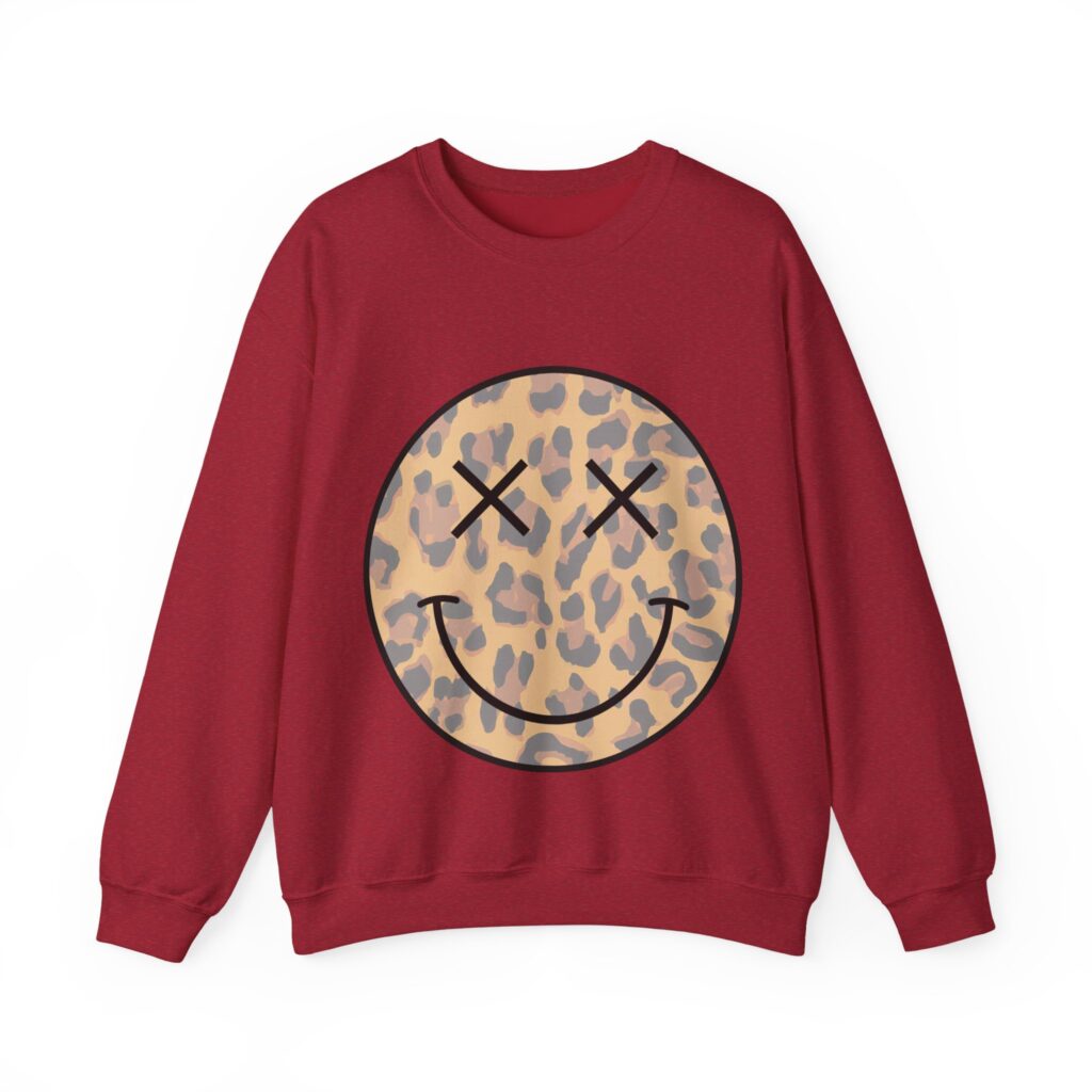 Leopard Smile Crewneck Sweatshirt with X-eyes smiley graphic