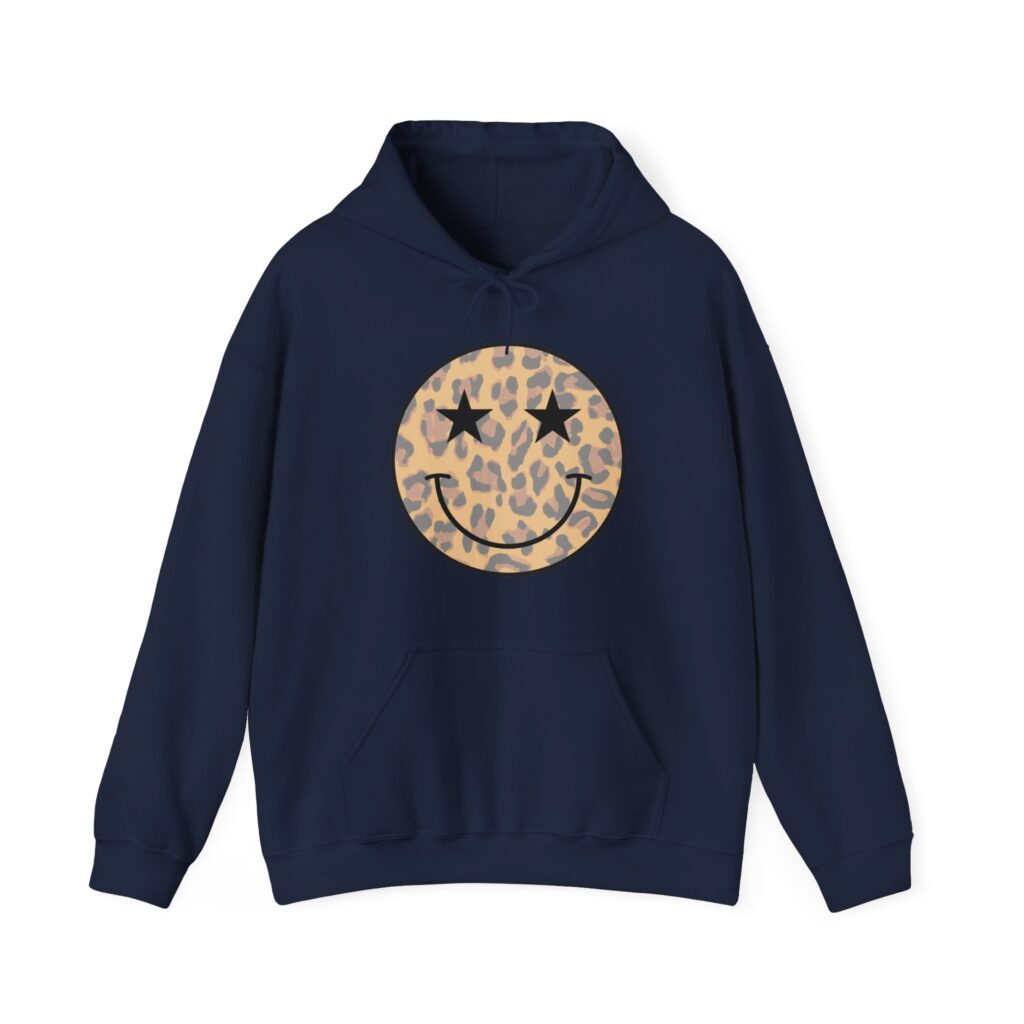 Leopard Smiley Hoodie with star-eyed animal print graphic
