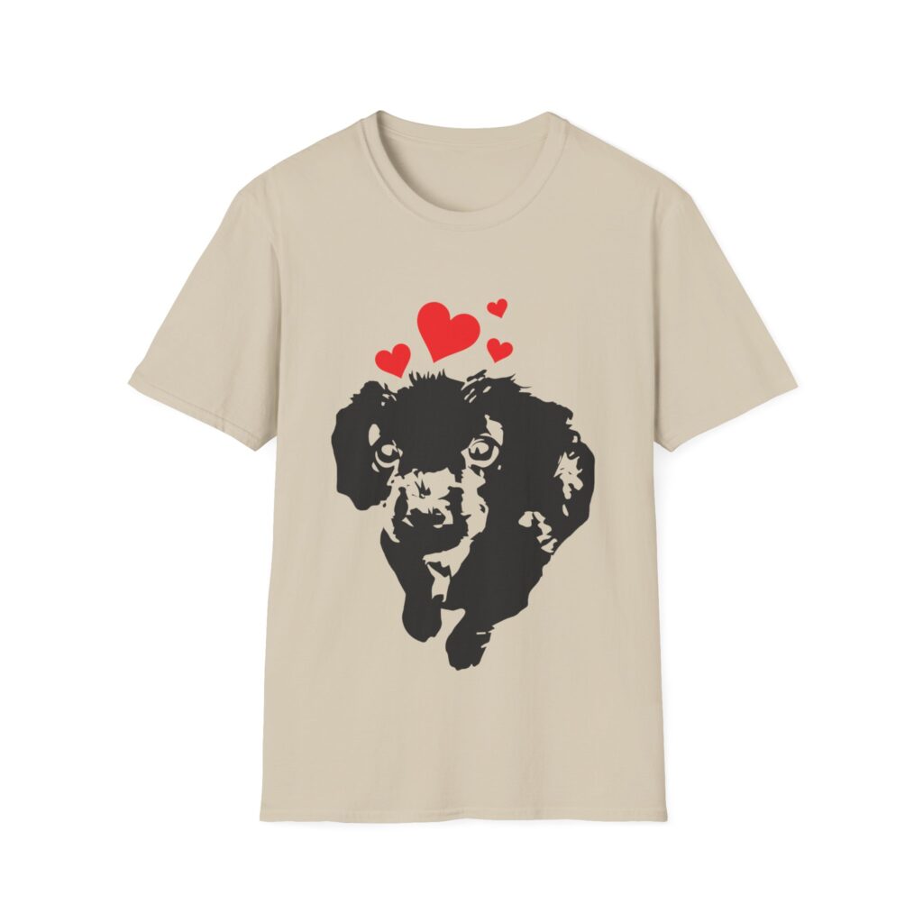 Dog Lover T-Shirt with cute puppy face and red hearts graphic