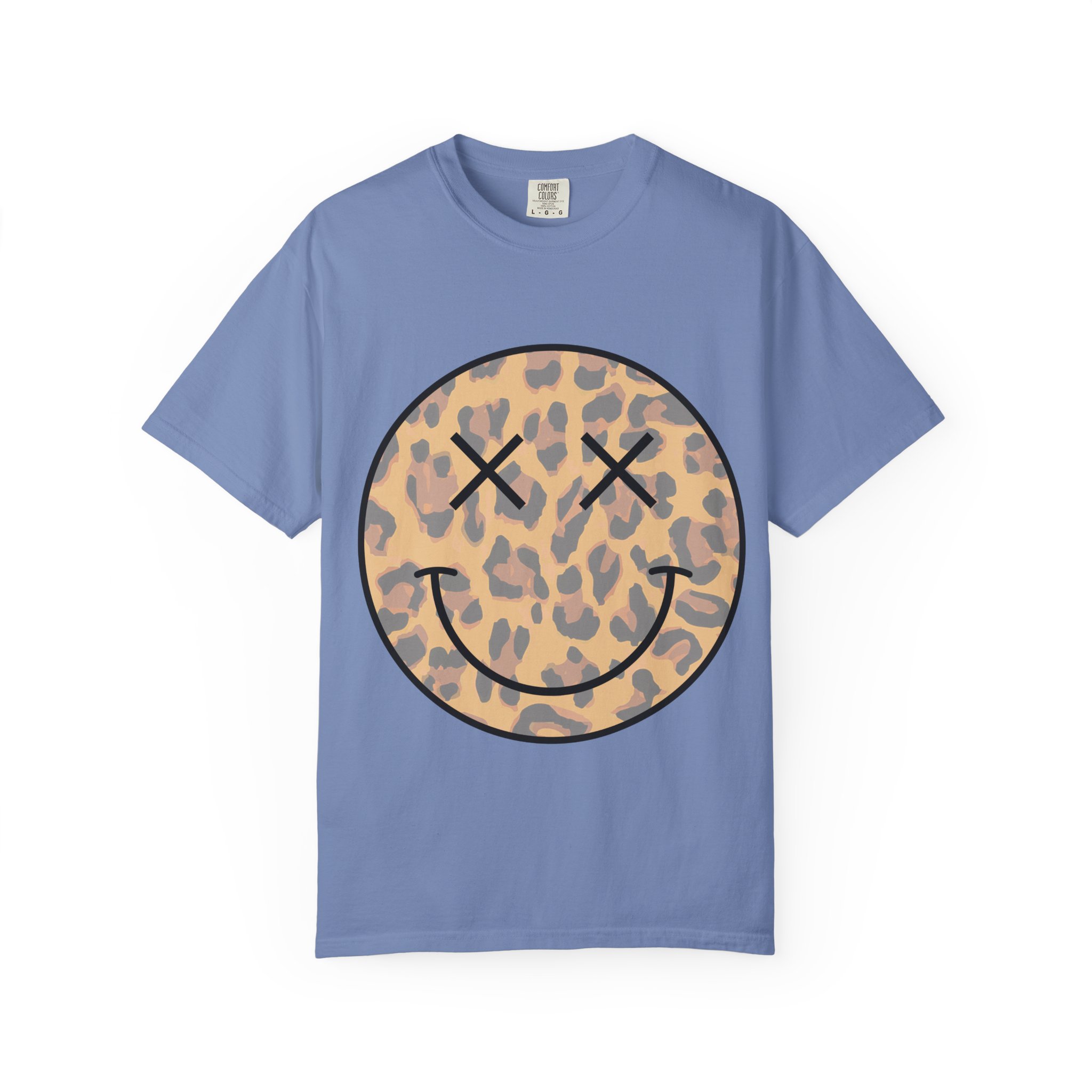 Leopard Smiley T-Shirt with retro leopard print smiley graphic