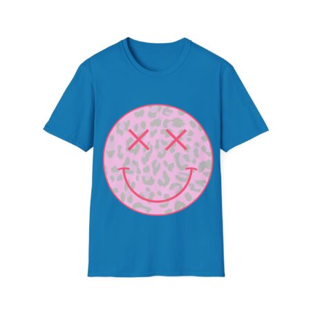 Pink Leopard Smiley T-Shirt with Retro X-Eyes Happy Face Graphic