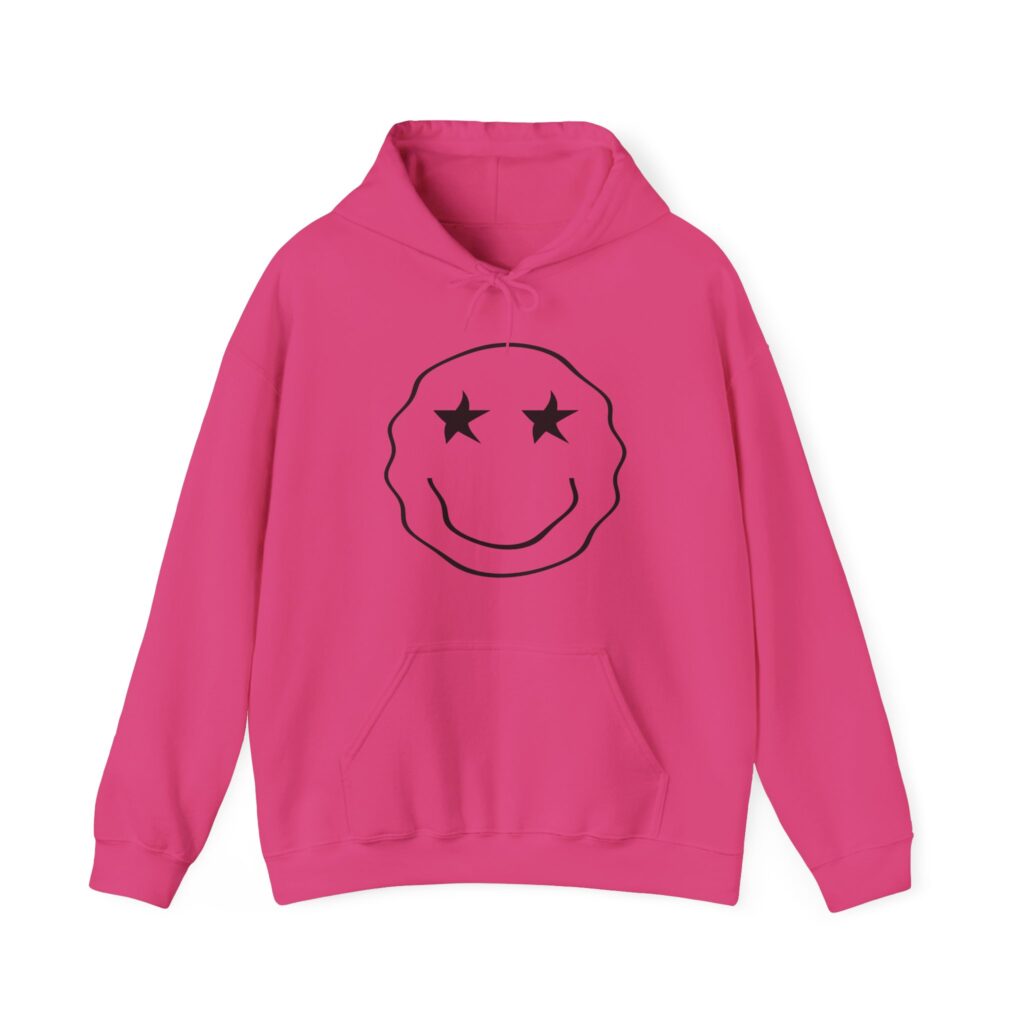 Smiley Star-Eye Hoodie with distressed grunge smiley face graphic